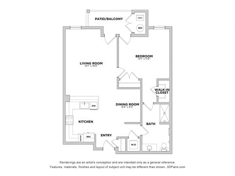 Floor plan for 1 bed, 1 bath, 985 sqft